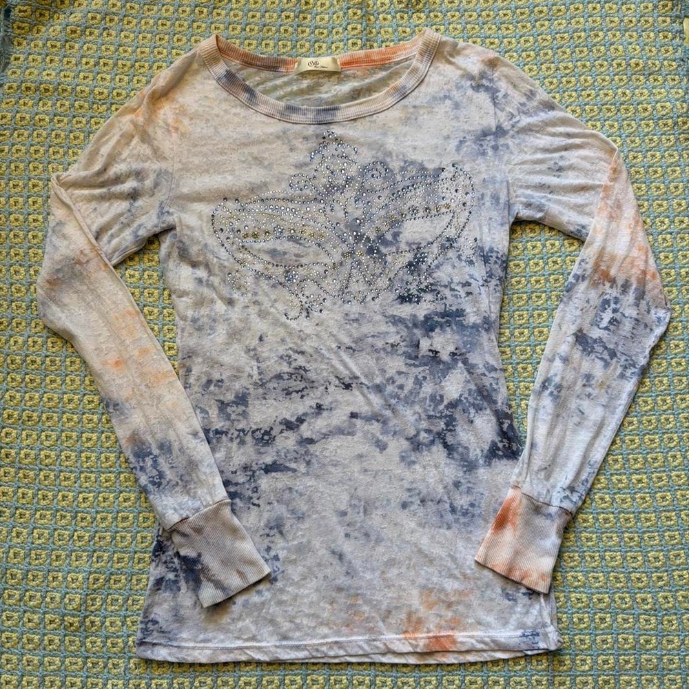 Cello Out Fitters Y2K Fairycore Beaded Sequin Tie Dye Sheer Top Small